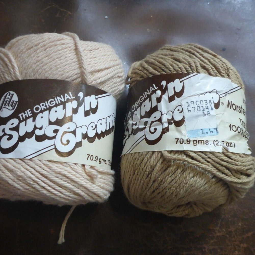2 Balls Lily The Original Sugar'n Cream 100% Cotton Yarn Colors Beige & Khaki